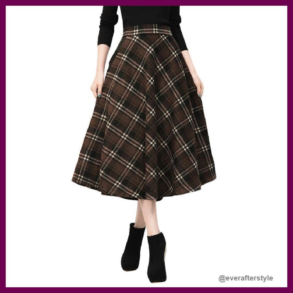 Long Wool Plaid Skirt High Waist A-Line Flared Elegant Winter Fall Chic